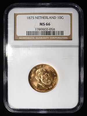1875 NETHERLAND GOLD 10 GULDING NGC MS-66. WEEKLY COIN & CURRENCY AUCTIONS ESTIMATE $900 - $1000.