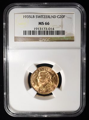 1935-LB SWISS GOLD 20 FRANC NGC MS-66. TOP RATED AUCTION HOUSE ESTIMATE $800 - $900.