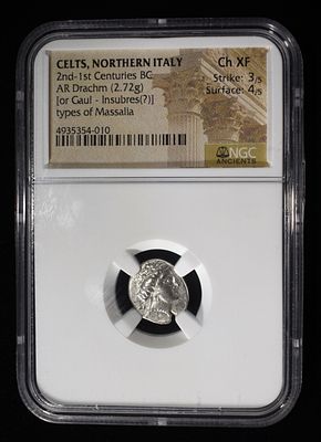 BC 2ND 1ST CENTURIES, AR DRACHM NGC CH XF. CELTS, NORTHERN ITALY, (OR GAUL-INSUBRES?) TYPES OF 