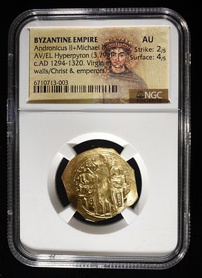 AD 1294-1320 GOLD ANDRONICUS II+MICHAEL IX NGC AU. BYZANTINE EMPIRE, AV/EL HYPERPYRON, VIRIGIN 