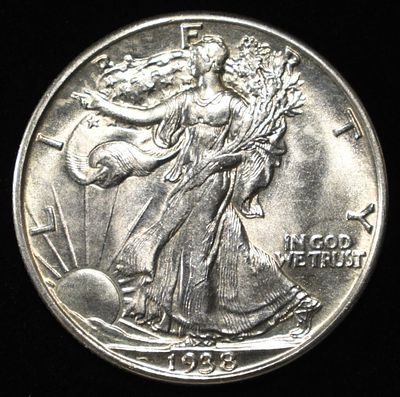 1938-D WALKING LIBERTY HALF CH BU. ESTIMATE $800 - $900.