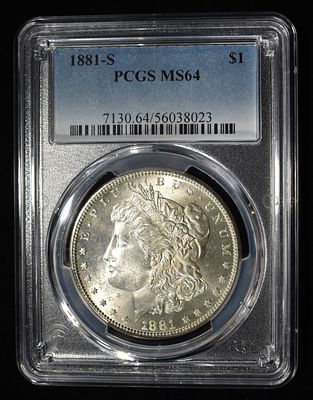 1881-S MORGAN DOLLAR PCGS MS64. BID WITH SILVER CITY AUCTIONS ESTIMATE $130 - $150.