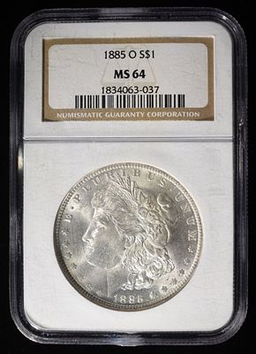 1885-O MORGAN DOLLAR NGC MS-64. TOP RATED AUCTION HOUSE ESTIMATE $130 - $150.