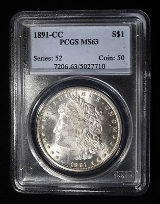 1891-CC MORGAN DOLLAR PCGS MS63. TOP RATED AUCTION HOUSE ESTIMATE $1000 - $1500.