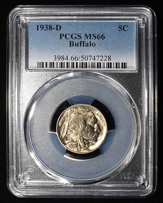1938-D BUFFALO NICKEL PCGS MS-66. LEADERS IN ON-LINE AUCTIONS ESTIMATE $100 - $150.