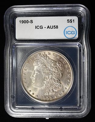 1900-S MORGAN DOLLAR ICG AU-58. TOP RATED AUCTION HOUSE ESTIMATE $300 - $350.