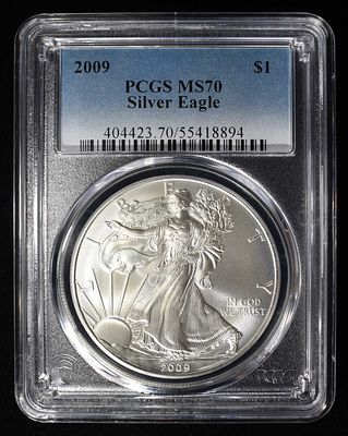 2009 AMERICAN SILVER EAGLE PCGS MS70. BID WITH SILVER CITY AUCTIONS ESTIMATE $90 - $130.