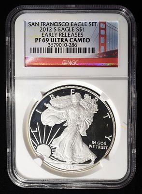 2012-S SILVER EAGLE NGC PF-69 ULTRA CMAEO ER. EARLY RELEASE SAN FRANCISCO EAGLE SET. ESTIMATE
