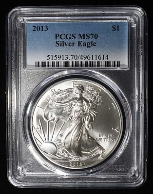 2013 AMERICAN SILVER EAGLE PCGS MS70. BID WITH SILVER CITY AUCTIONS ESTIMATE $90 - $130.