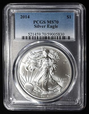 2014 AMERICAN SILVER EAGLE PCGS MS70. BID WITH SILVER CITY AUCTIONS ESTIMATE $90 - $130.