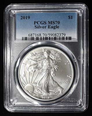 2019 AMERICAN SILVER EAGLE PCGS MS70. LEADERS IN ON-LINE AUCTIONS ESTIMATE $90 - $130.