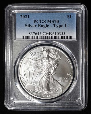 2021 TYPE 1 AMERICAN SILVER EAGLE PCGS MS70. TOP RATED AUCTION HOUSE ESTIMATE $90 - $130.