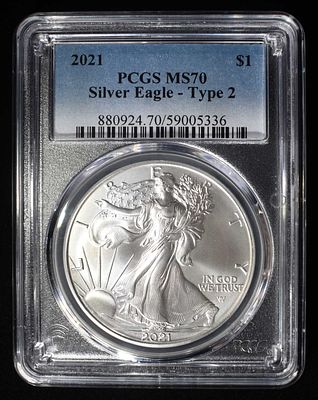 2021 TYPE 2 AMERICAN SILVER EAGLE PCGS MS70. WEEKLY COIN & CURRENCY AUCTIONS ESTIMATE $90 - $130.