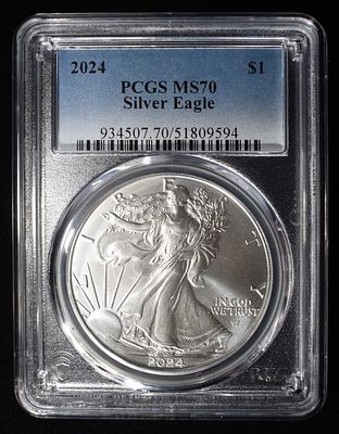 2024 AMERICAN SILVER EAGLE PCGS MS70. CHECK OUT OUR UPCOMING AUCTIONS ESTIMATE $90 - $130.