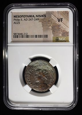 AD 247-249 PHILIP II AE25 NGC VF. MESOPOTAMIA, NISBIS ESTIMATE $150 - $200.