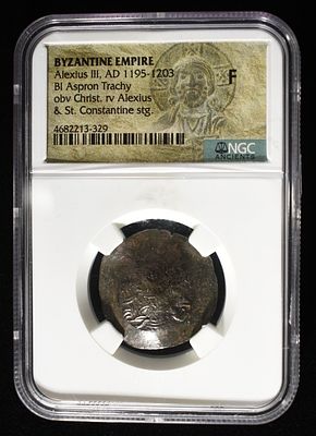 AD 1195-1203 ALEXIUS III, BI ASPRON TRACHY NGC F. BYZANTINE EMPIRE, OBV CHRIST. RV ALEXIUS & ST.