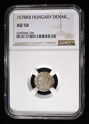 1578KB HUNGARY DENAR NGC AU50. MADONNA & CHILD, MAXIMILIAN II ESTIMATE $150 - $200.