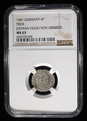 1681 GERMANY 4P JOHANN HUGO VON ORSBECK NGC MS63. BID WITH SILVER CITY AUCTIONS ESTIMATE $250 - $300.