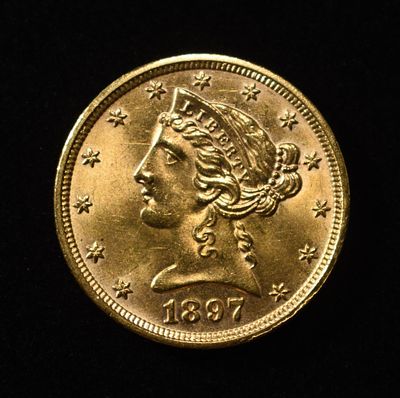 1897 $5 GOLD LIBERTY GEM BU. TOP RATED AUCTION HOUSE ESTIMATE $1400 - $1600.