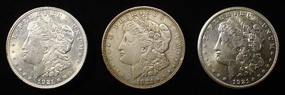 1921-P, D, S MORGAN DOLLARS. TOP RATED AUCTION HOUSE ESTIMATE $150 - $200.