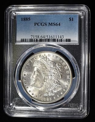1885 MORGAN DOLLAR PCGS MS64. WEEKLY COIN & CURRENCY AUCTIONS ESTIMATE $130 - $150.