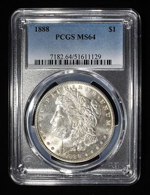 1888 MORGAN DOLLAR PCGS MS64. CHECK OUT OUR UPCOMING AUCTIONS ESTIMATE $130 - $150.
