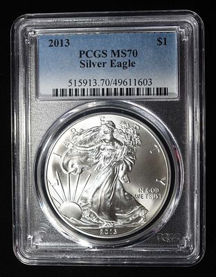 2013 AMERICAN SILVER EAGLE PCGS MS70. TOP RATED AUCTION HOUSE ESTIMATE $90 - $130.