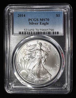 2014 AMERICAN SILVER EAGLE PCGS MS70. BID WITH SILVER CITY AUCTIONS ESTIMATE $90 - $130.