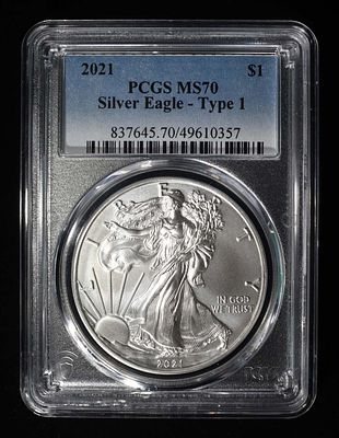 2021 TYPE 1 AMERICAN SILVER EAGLE PCGS MS70. CHECK OUT OUR UPCOMING AUCTIONS ESTIMATE $90 - $130.
