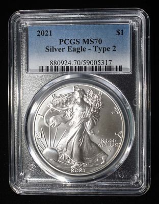 2021 TYPE 2 AMERICAN SILVER EAGLE PCGS MS70. CHECK OUT OUR UPCOMING AUCTIONS ESTIMATE $90 - $130.
