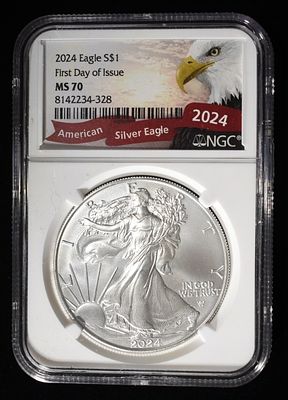 2024 SILVER EAGLE NGC MS-70 1ST DAY ISSUE. TOP RATED AUCTION HOUSE ESTIMATE $100 - $130.