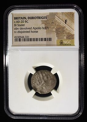 60-20 BC BI STATER, OBV DEVOLVED APOLLO NGC F. CELTIC HOARD, BRITAIN DUROTRIGES, RV DISJOINTED