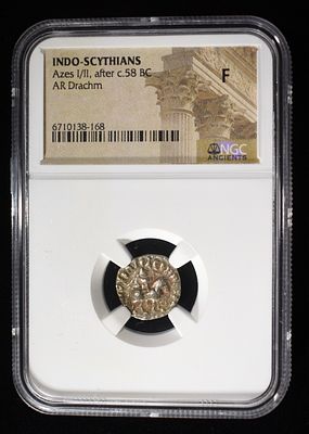 58 BC AZES I/II, AR DRACHM NGC F. INDO-SCYTHIANS ESTIMATE $150 - $200.