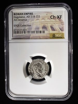 AD 218-222 ELAGABALUS, AR DENARIUS NGC CH XF. ROMAN EMPIRE, SPQR COLLECTION ESTIMATE $300 - $350.