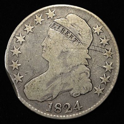 1824 CAPPED BUST HALF DOLLAR VG DAMAGED. BID WITH SILVER CITY AUCTIONS ESTIMATE $80 - $120.