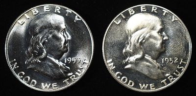 1952, 53 FRANKLIN HALF DOLLARS PROOF BU. WEEKLY COIN & CURRENCY AUCTIONS ESTIMATE $180 - $220.