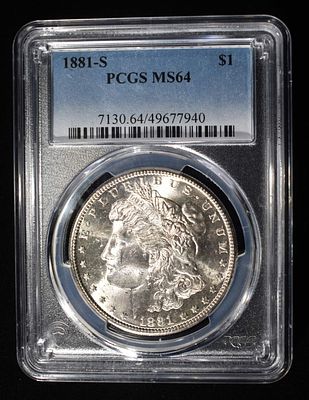 1881-S MORGAN DOLLAR PCGS MS64. LEADERS IN ON-LINE AUCTIONS ESTIMATE $100 - $150.
