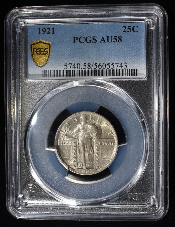 1921 STANDING LIBERTY QUARTER PCGS AU-58. LOOKS CH BU! ESTIMATE $1500 - $1800.