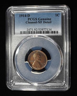 1914-D LINCOLN CENT PCGS XF DETAIL. CLEANED, BUT LOOKS ALMOST AU ESTIMATE $600 - $700.