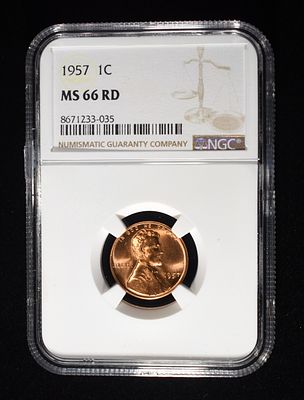1957 LINCOLN CENT NGC MS-66 RD. CHECK OUT OUR UPCOMING AUCTIONS ESTIMATE $60 - $80.