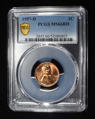 1957-D LINCOLN CENT PCGS MS-66 RD. LEADERS IN ON-LINE AUCTIONS ESTIMATE $40 - $60.