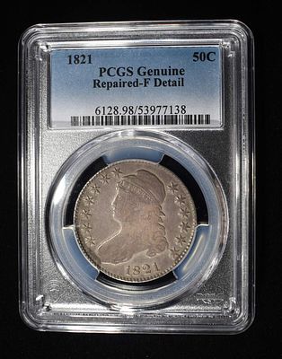 1821 BUST HALF DOLLAR PCGS FINE DETAIL. REPAIRED ESTIMATE $75 - $100.