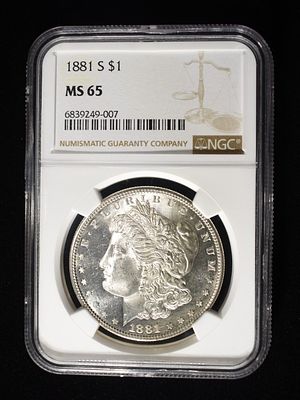 1881-S MORGAN DOLLAR NGC MS 65. LEADERS IN ON-LINE AUCTIONS ESTIMATE $200 - $250.