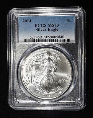 2014 AMERICAN SILVER EAGLE PCGS MS70. BID WITH SILVER CITY AUCTIONS ESTIMATE $90 - $130.
