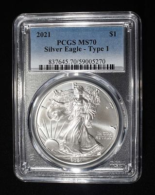 2021 TYPE 1 AMERICAN SILVER EAGLE PCGS MS70. CHECK OUT OUR UPCOMING AUCTIONS ESTIMATE $90 - $130.