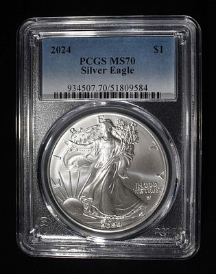 2024 AMERICAN SILVER EAGLE PCGS MS70. CHECK OUT OUR UPCOMING AUCTIONS ESTIMATE $90 - $130.