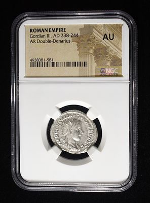 AD 238-244 GORDIAN III AR DOUBLE-DENARIUS NGC AU. BID WITH SILVER CITY AUCTIONS ESTIMATE $250 - 