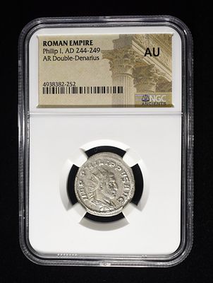 AD 244-249 PHILIP I, AR DOUBLE-DENARIUS NGC AU. LEADERS IN ON-LINE AUCTIONS ESTIMATE $200 - $275.