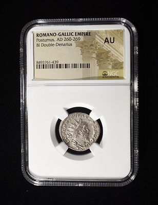 AD 260-269 POSTUMUS BI DOUBLE-DENARIUS NGC AU. CHECK OUT OUR UPCOMING AUCTIONS ESTIMATE $125 - $150.