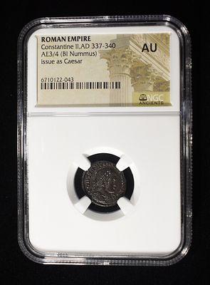 AD 337-340 CONSTANTINE AE3/4 (BI NUMMUS) NGC AU. LEADERS IN ON-LINE AUCTIONS ESTIMATE $100 - $170.